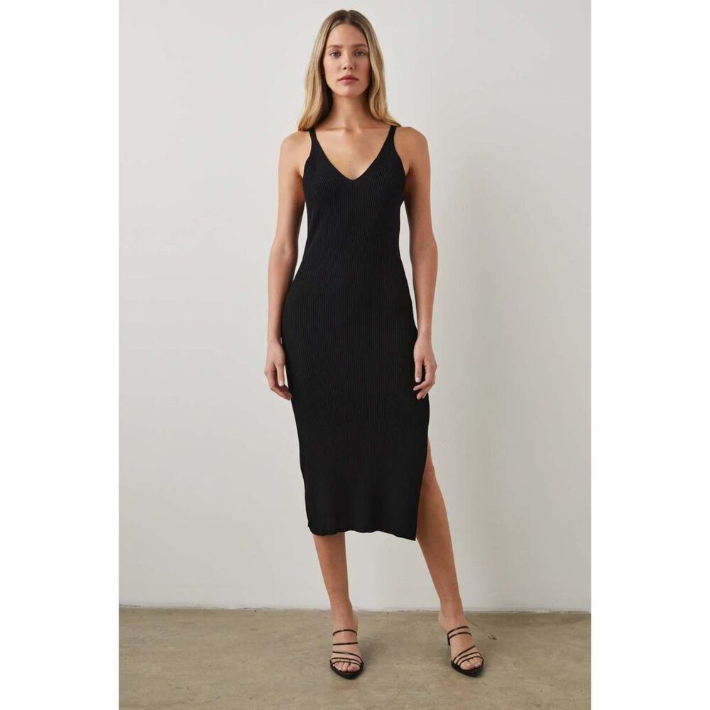 RAILS Black Shelby Ribbed Knit V-Neck Midi Dress Women Size S Minmalist Casual